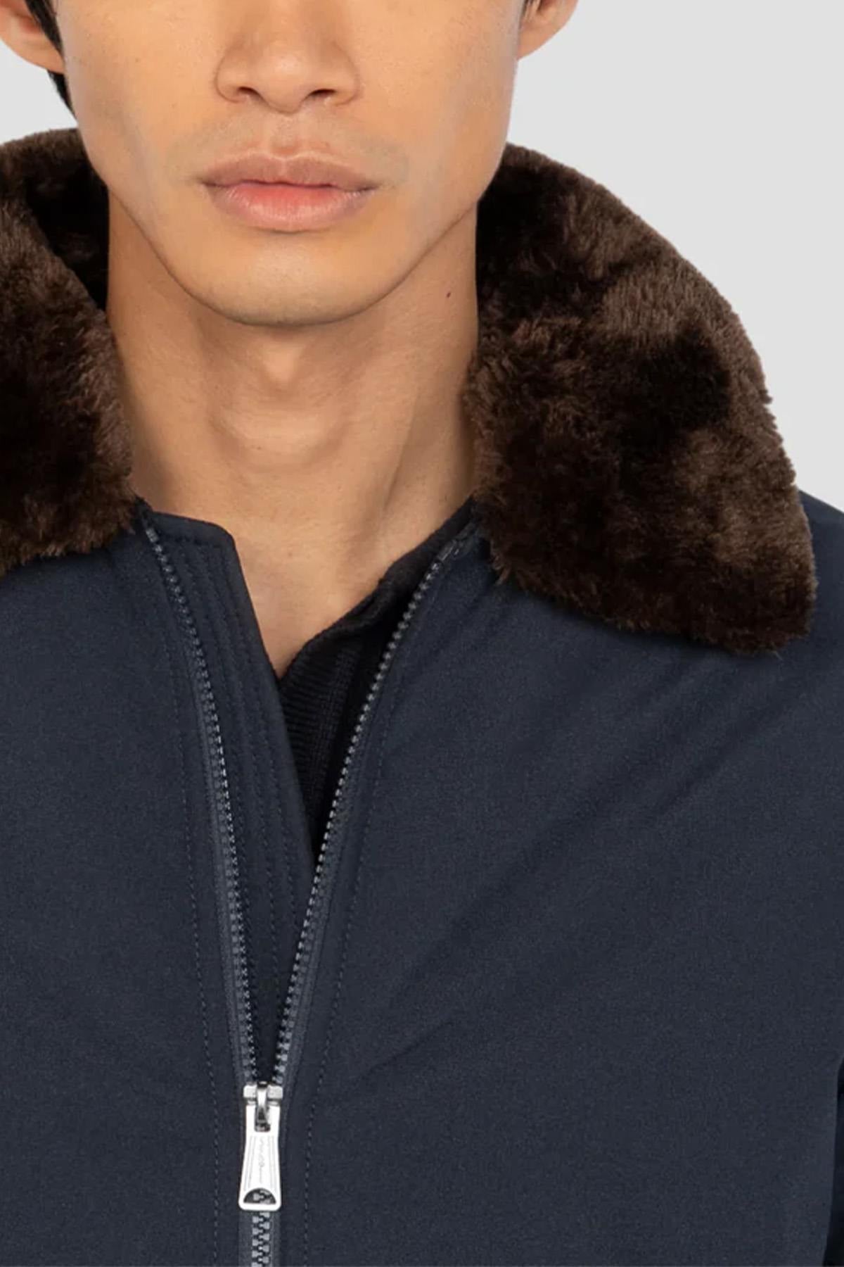 Navy blue and brown textile pilot jacket - Image n°4
