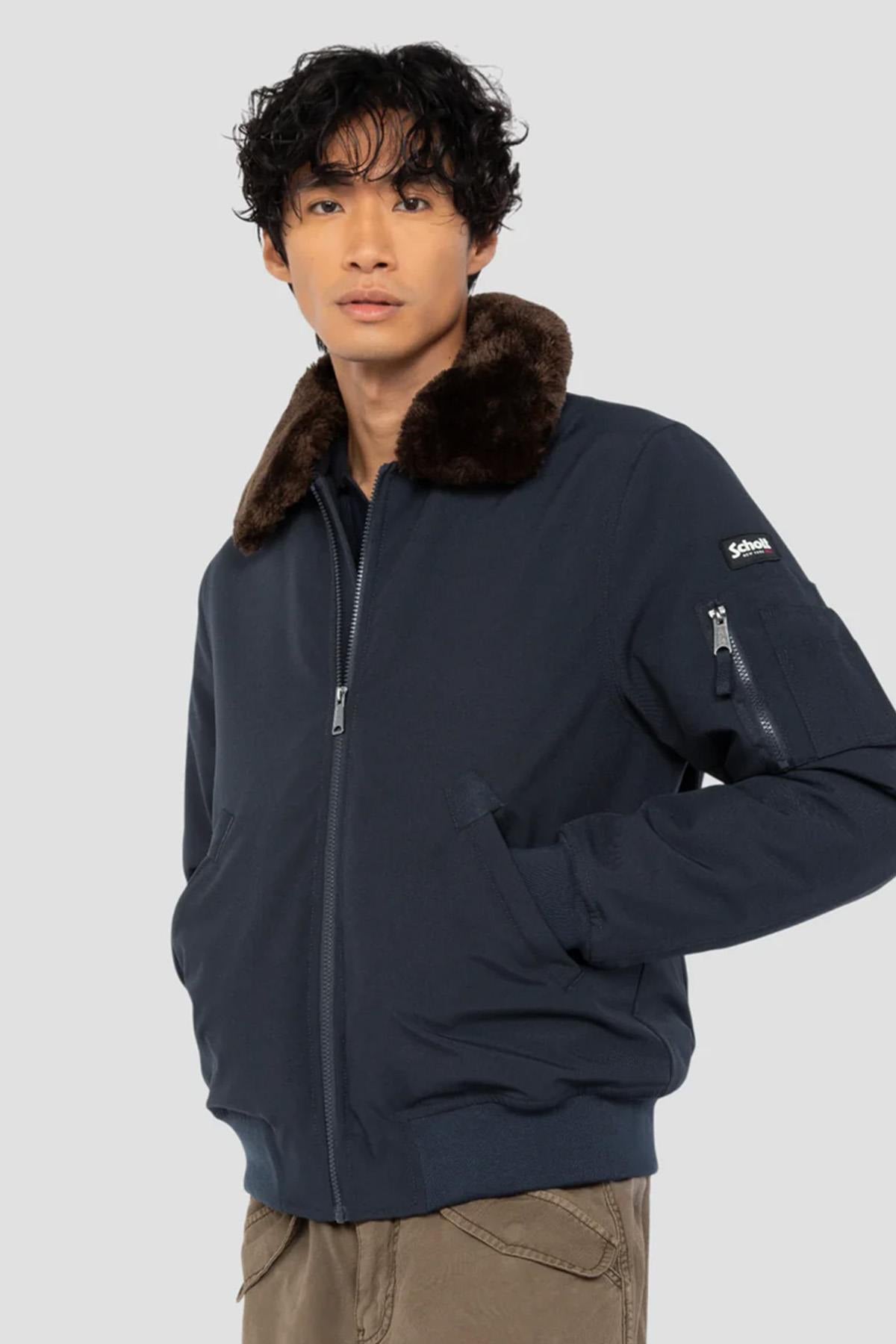 Navy blue and brown textile pilot jacket - Image n°2