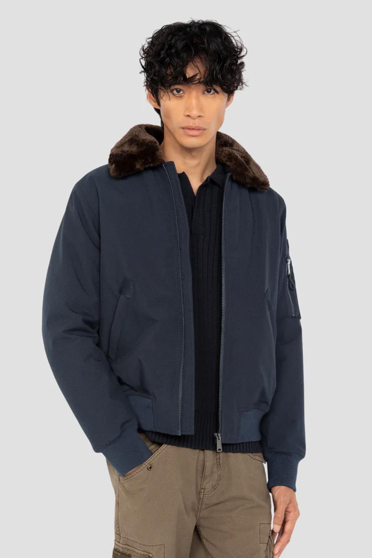 Navy blue and brown textile pilot jacket - Image n°1