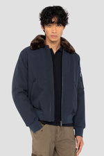 Navy blue and brown textile pilot jacket - Image n°1