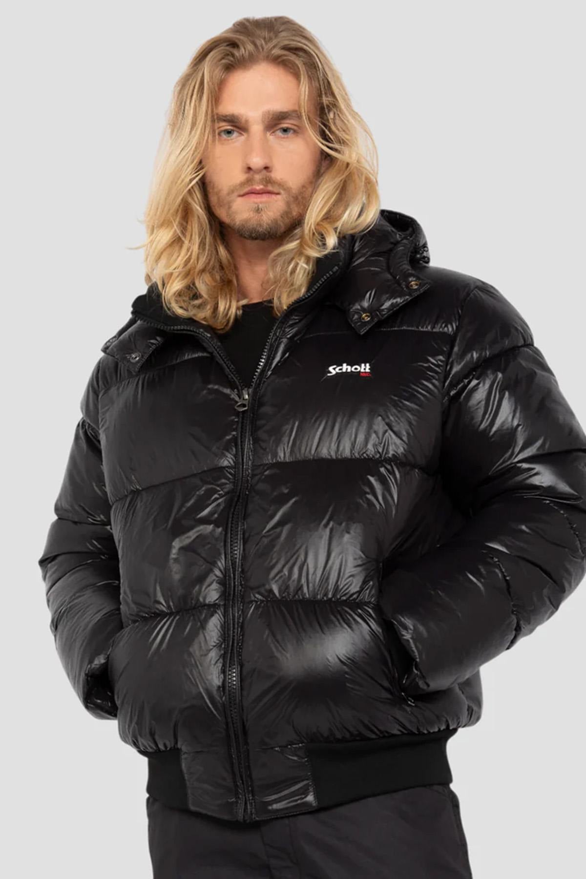 Black nylon down jacket with removable hood - Image n°1