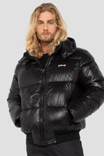 Black nylon down jacket with removable hood - Image n°1