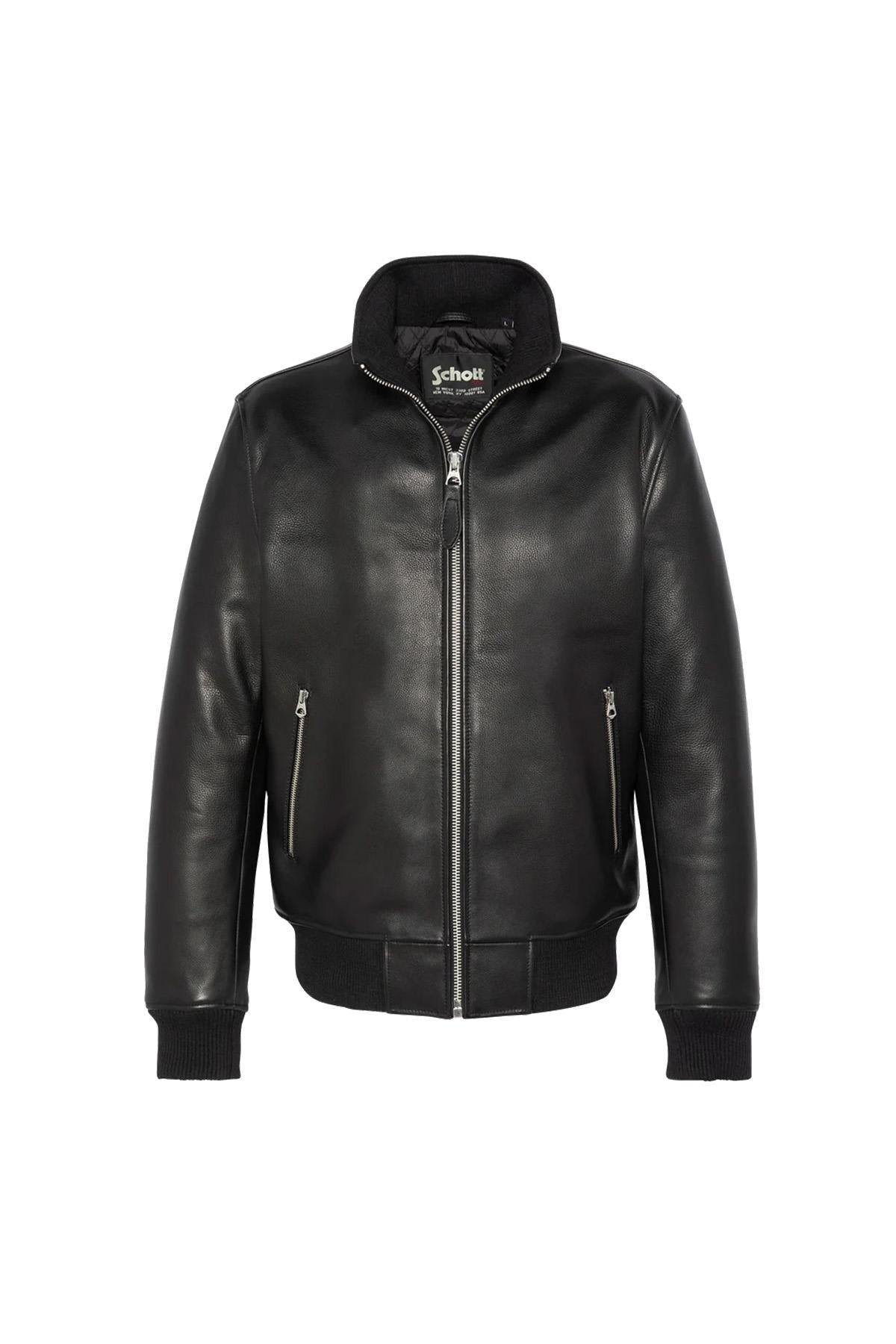 Black jacket with stand-up collar in grained cowhide leather - Image n°5