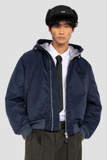 Dark Navy MA-1 Bomber Jacket with Hood in Recycled Nylon - Image n°1