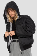 Black MA-1 bomber jacket with recycled nylon hood - Image n°1