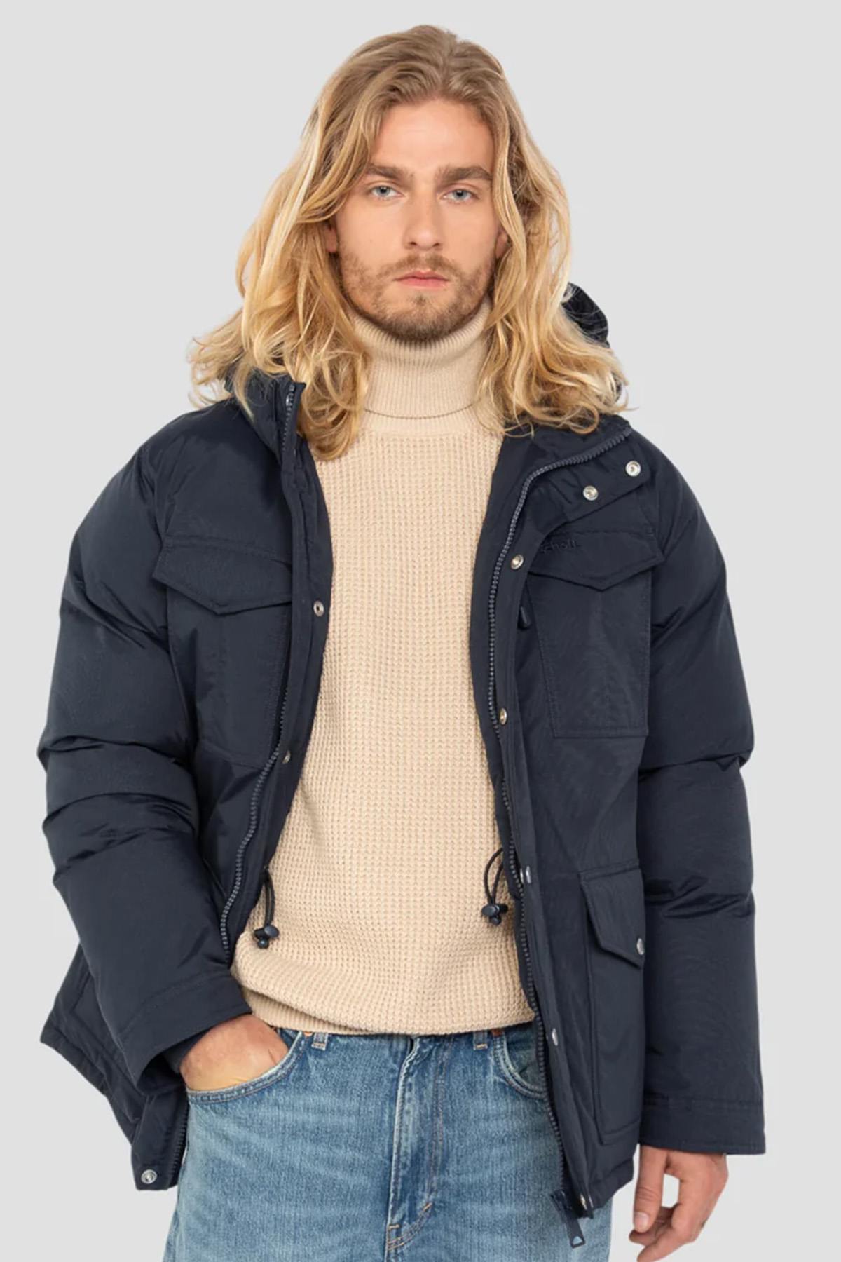 Navy blue multi-pocket hooded parka - Image n°1