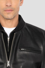Casual black cowhide leather bomber jacket - Image n°2