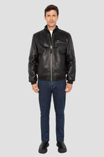 Casual black cowhide leather bomber jacket - Image n°7
