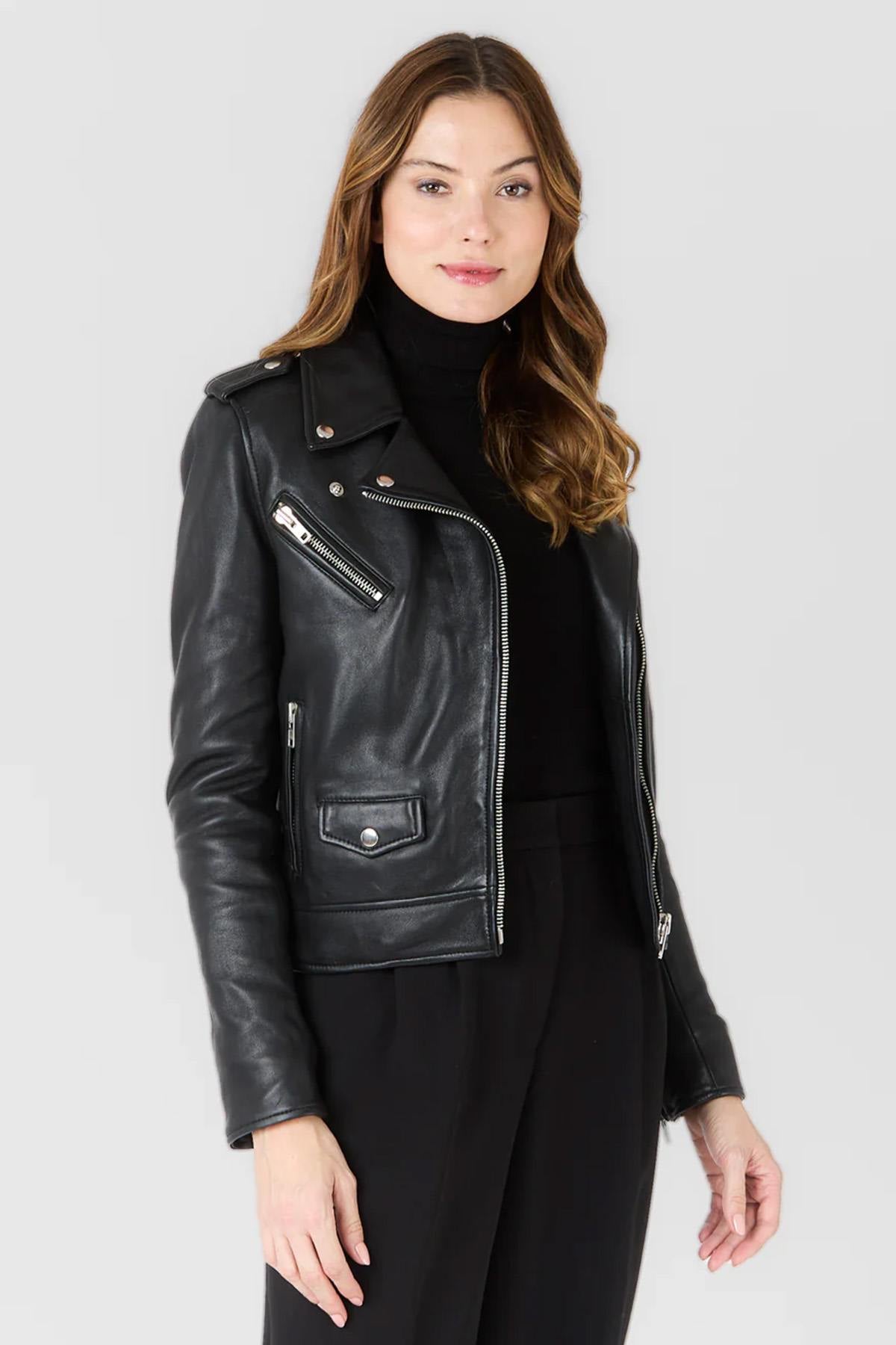 Women's black biker jacket in soft leather - Image n°1