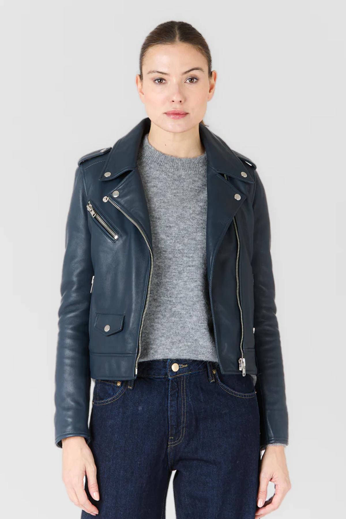 Women's dark blue biker jacket in soft leather - Image n°6