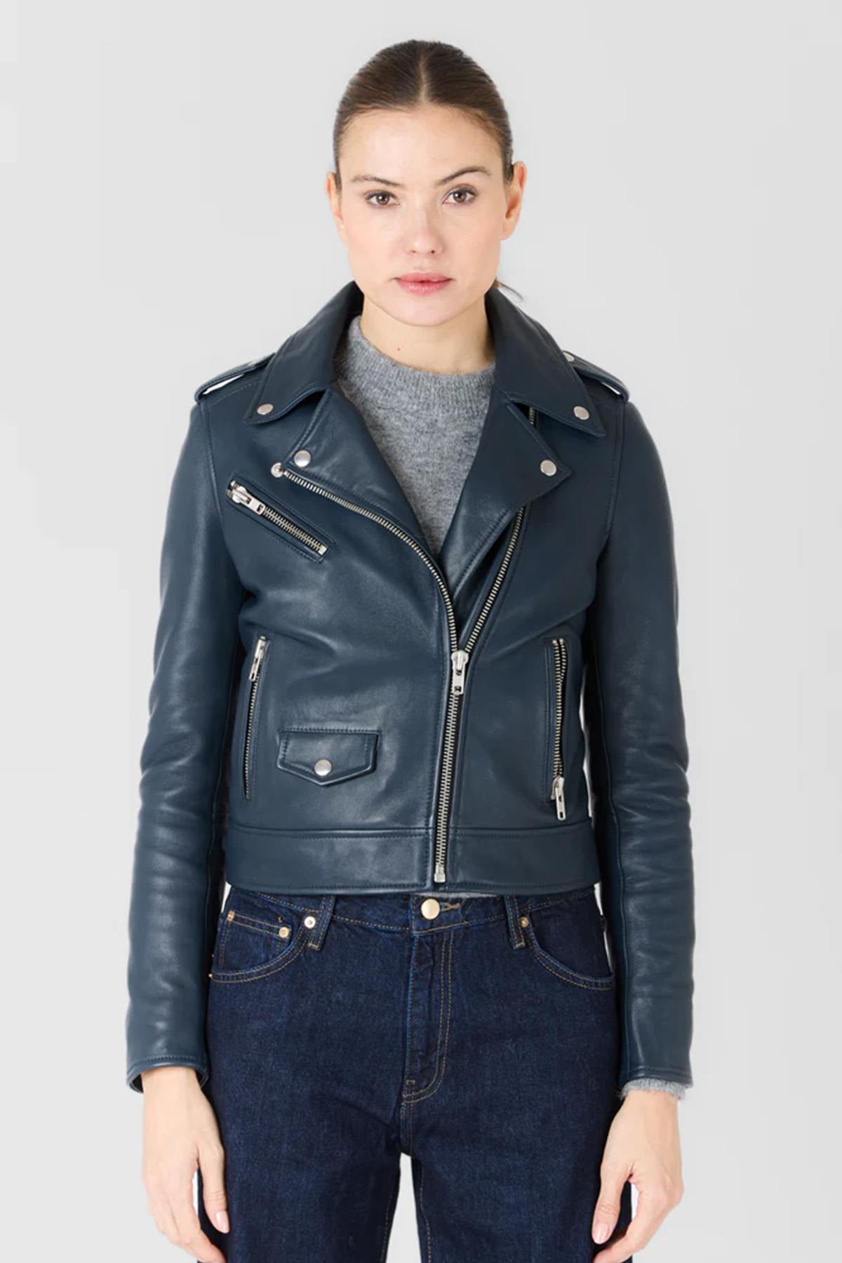 Women's dark blue biker jacket in soft leather - Image n°2