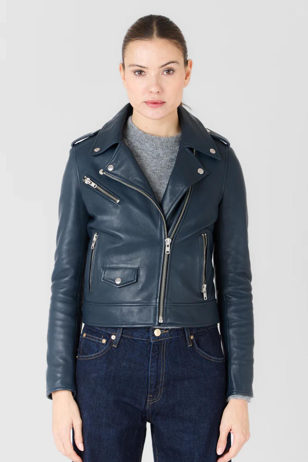 Women's dark blue biker jacket in soft leather - Image n°2