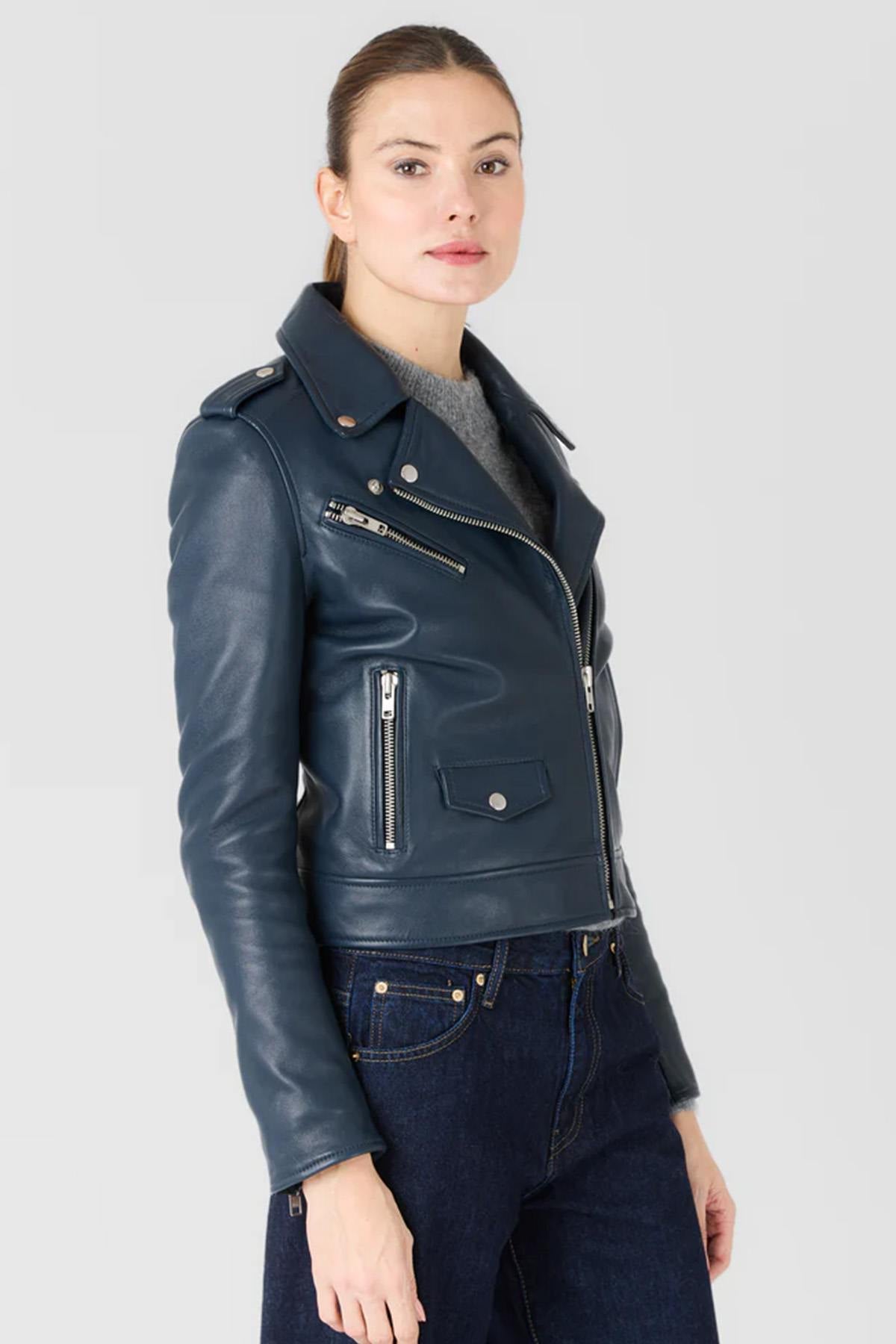 Women's dark blue biker jacket in soft leather - Image n°5