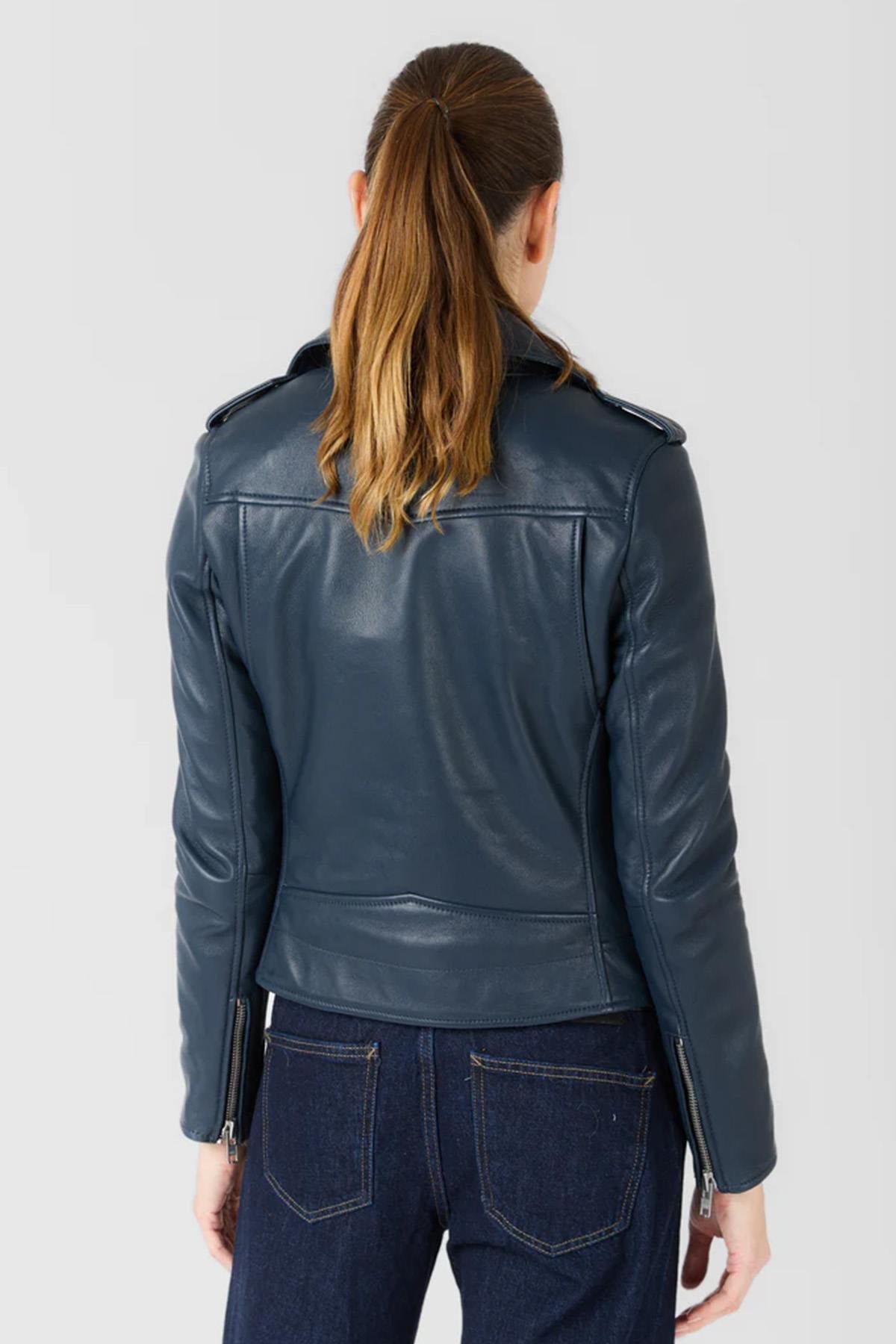 Women's dark blue biker jacket in soft leather - Image n°3