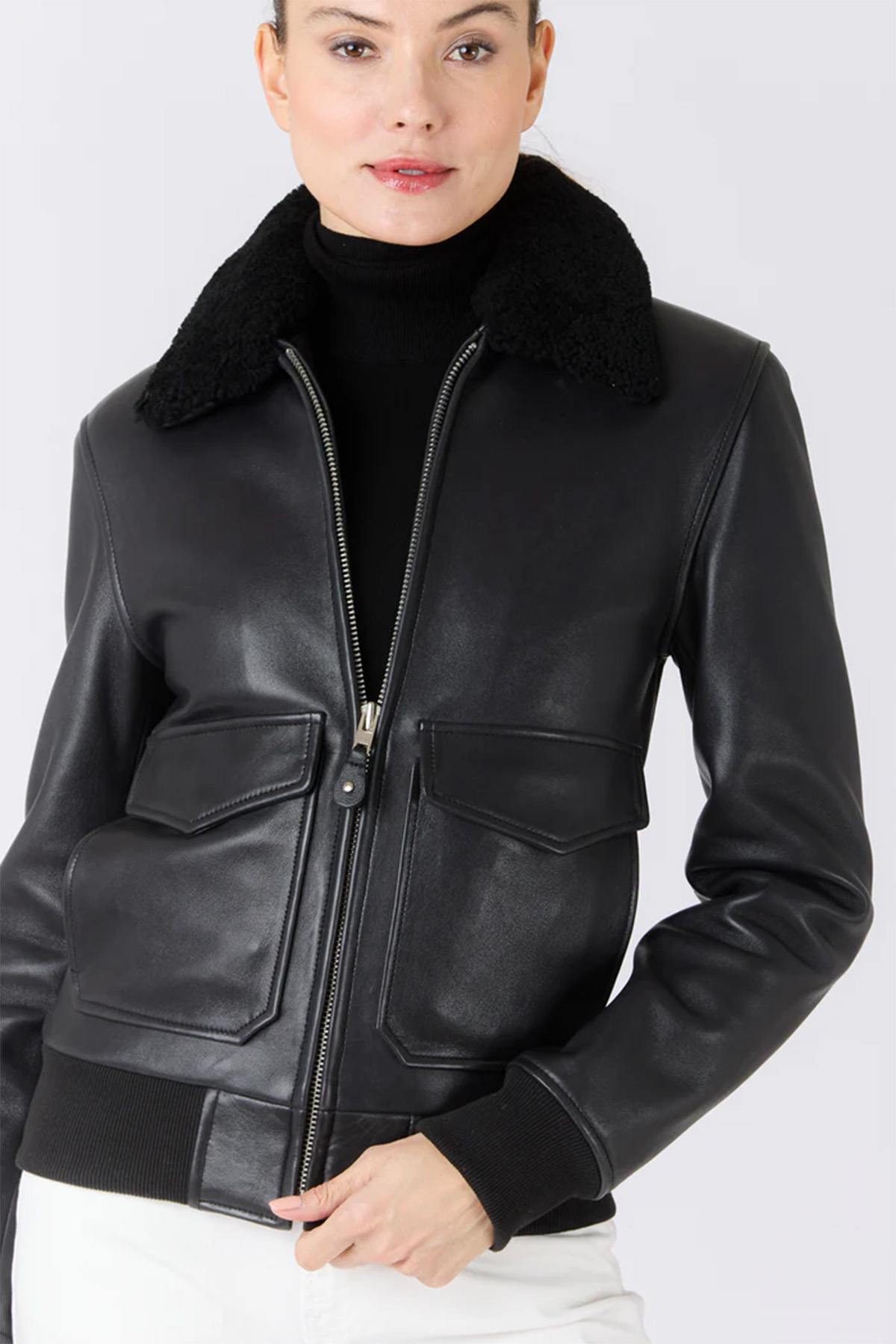 Black leather aviator jacket with shearling collar - Image n°2