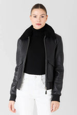 Black leather aviator jacket with shearling collar - Image n°3