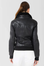 Black leather aviator jacket with shearling collar - Image n°4