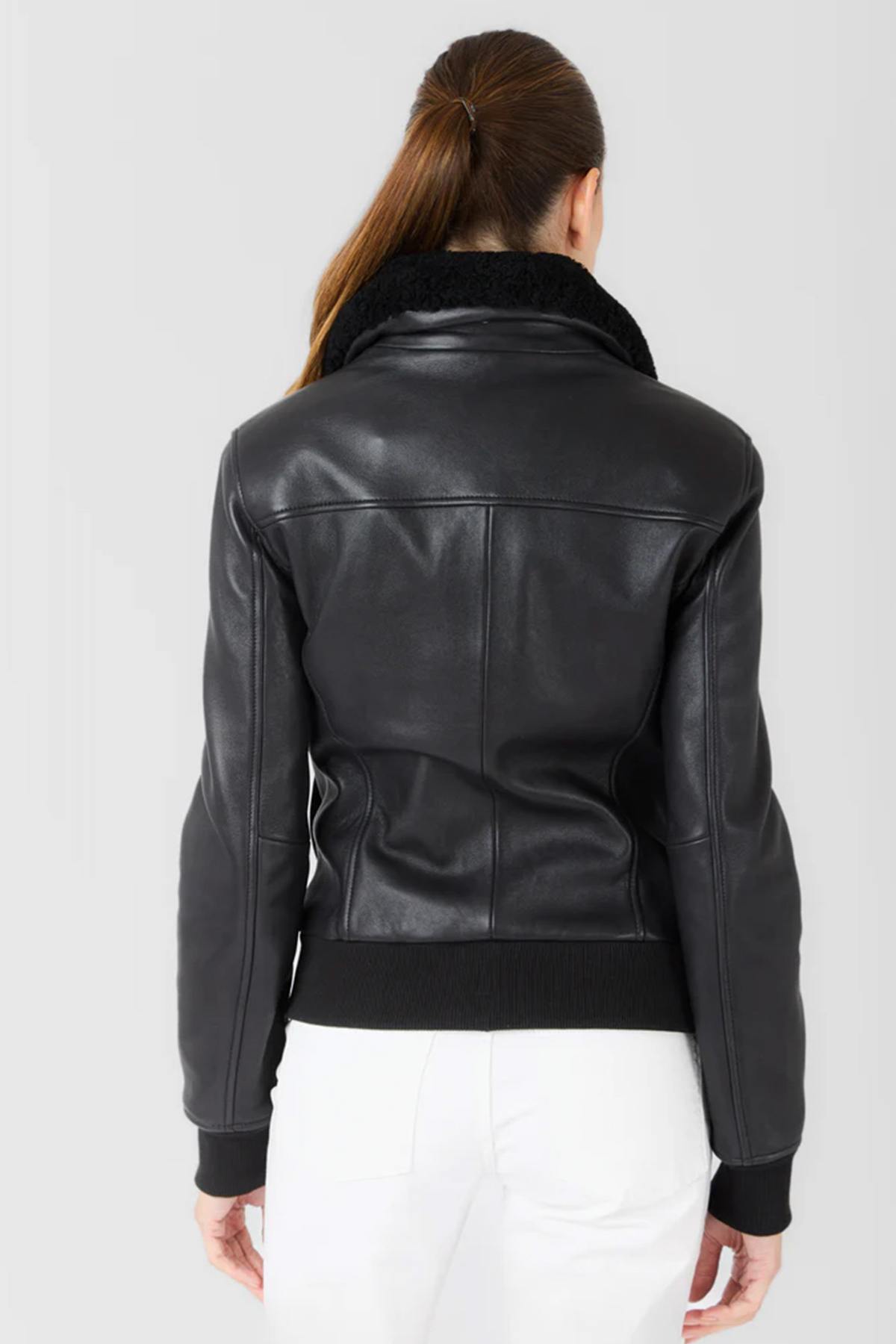 Black leather aviator jacket with shearling collar - Image n°4