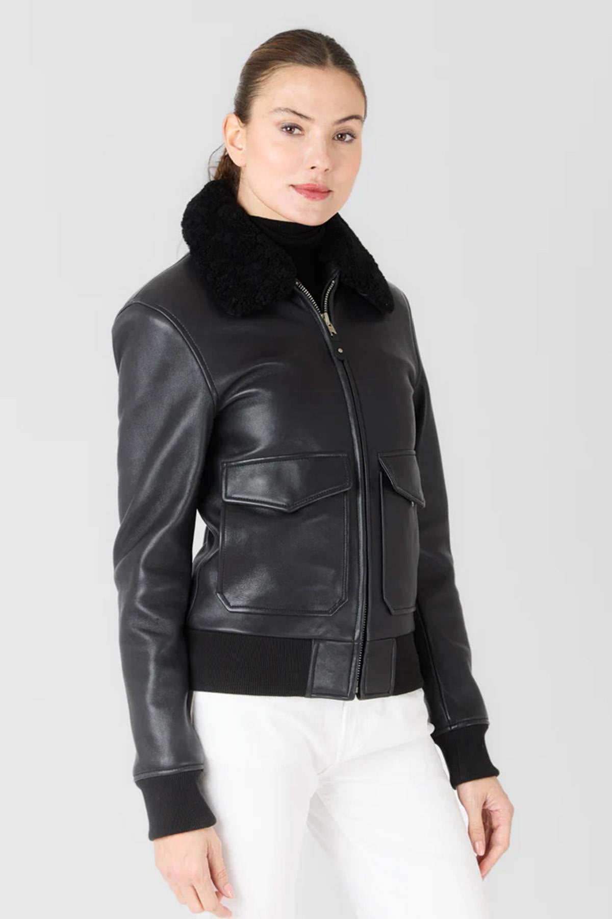 Black leather aviator jacket with shearling collar - Image n°6