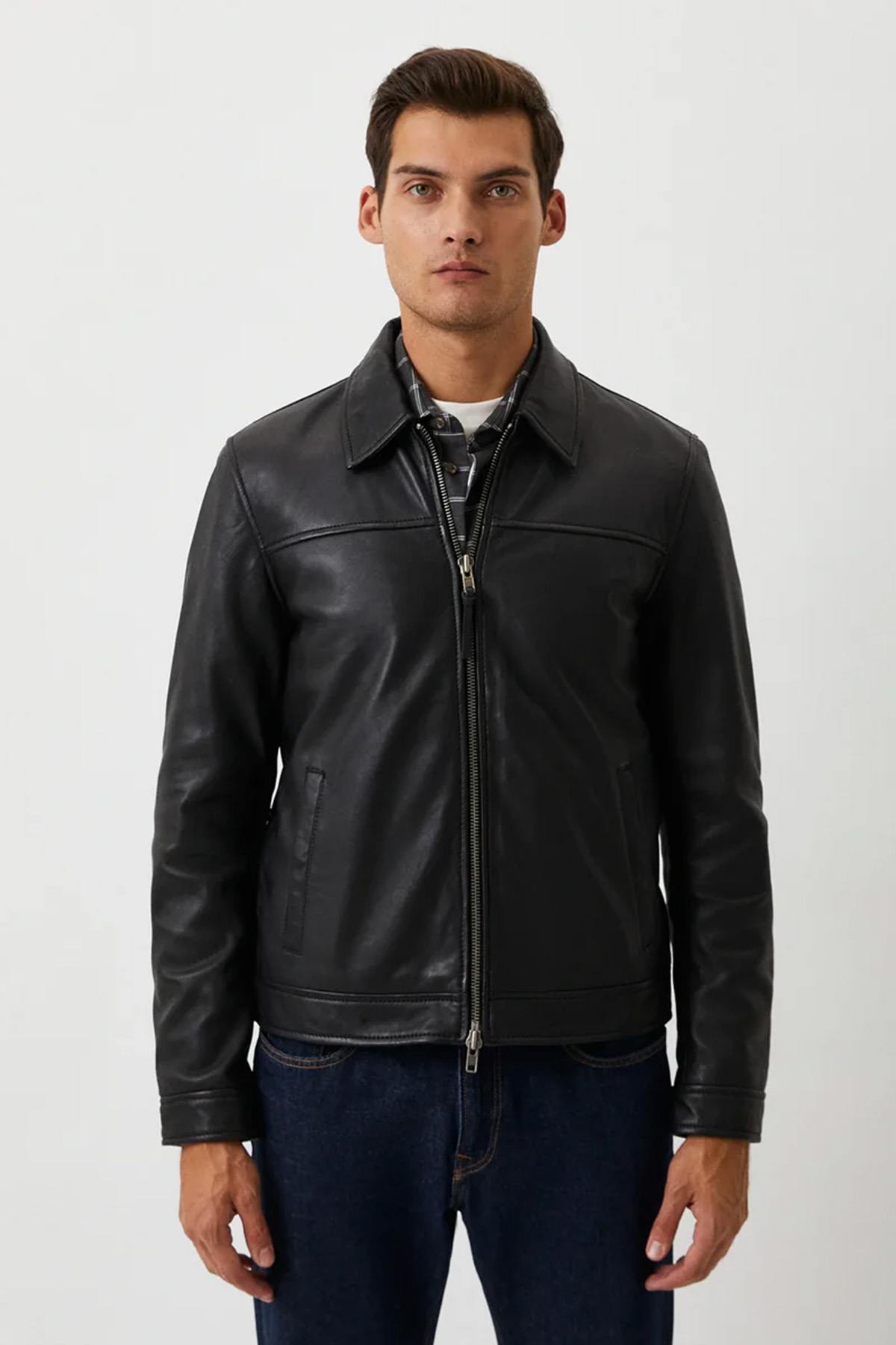 Classic black shirt collar leather jacket - Image n°1