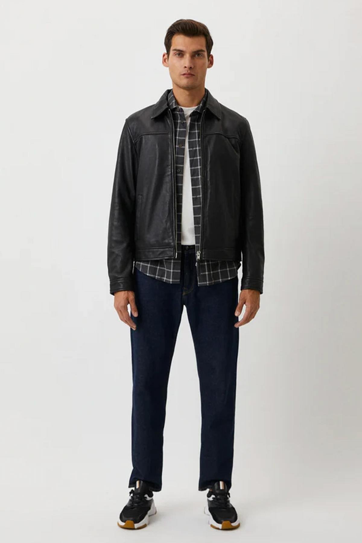 Classic black shirt collar leather jacket - Image n°4