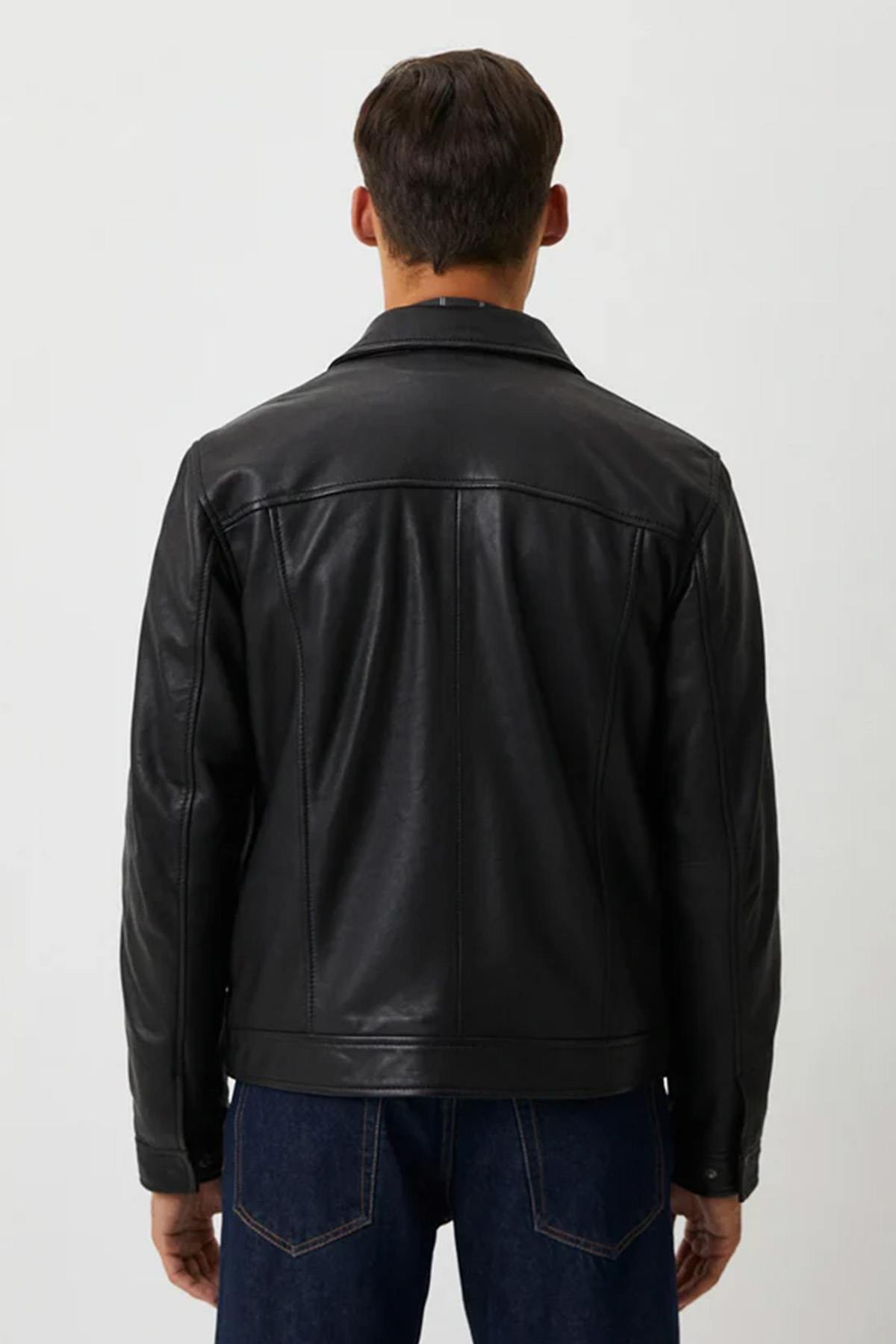 Classic black shirt collar leather jacket - Image n°2