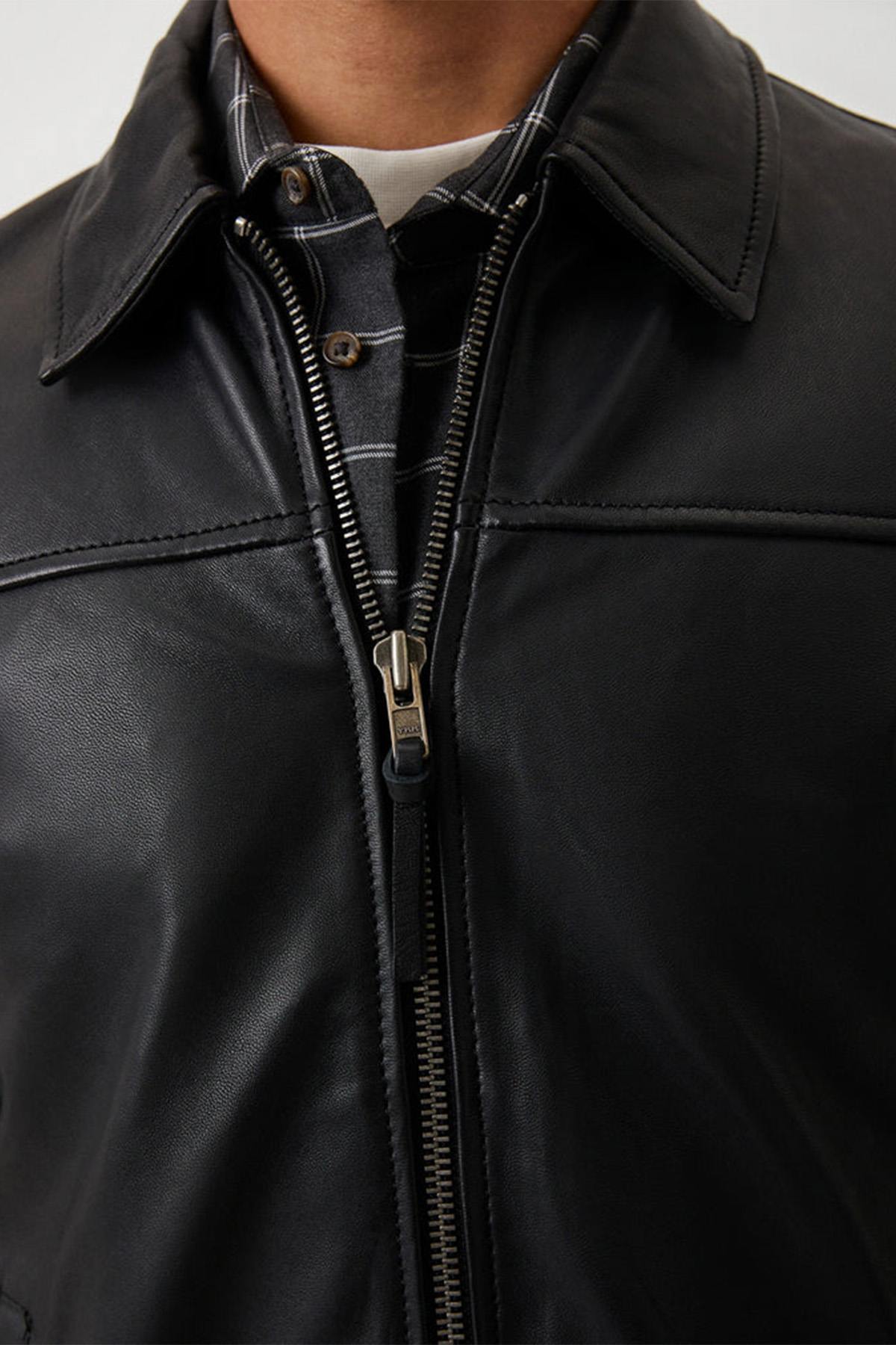 Classic black shirt collar leather jacket - Image n°3