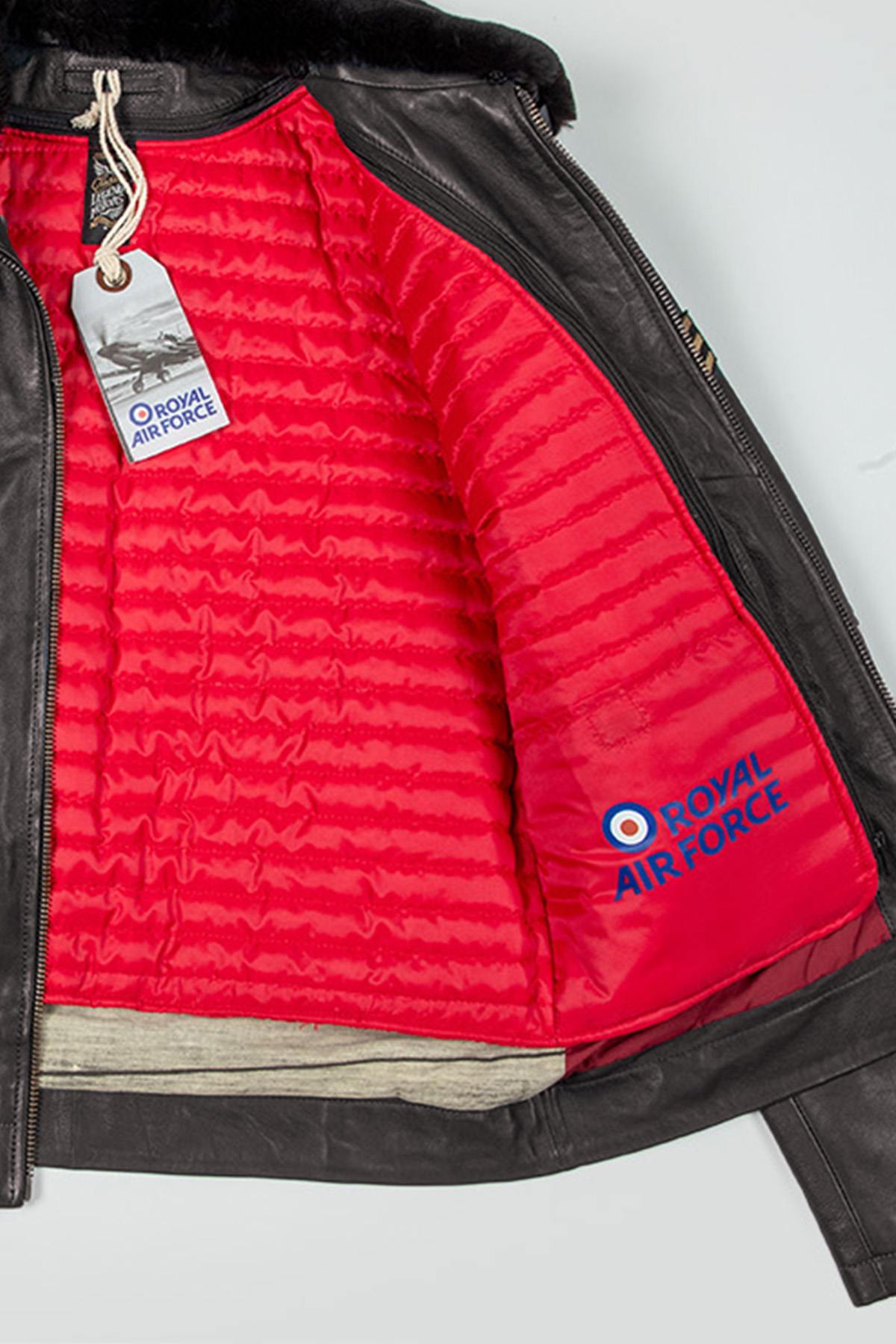 Dark brown leather bomber jacket with Royal Air Force patches - Image n°11