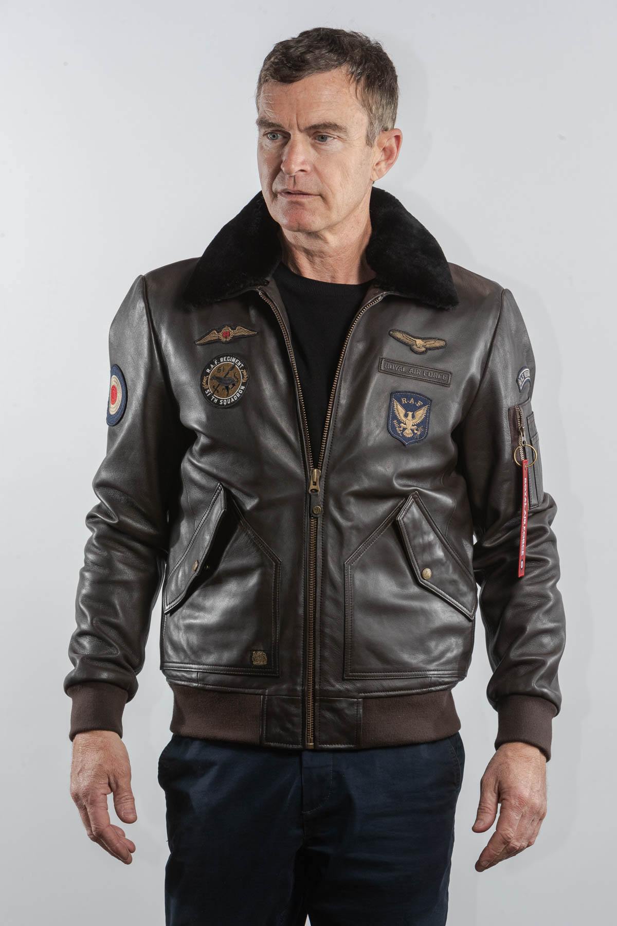 Dark brown leather bomber jacket with Royal Air Force patches - Image n°3