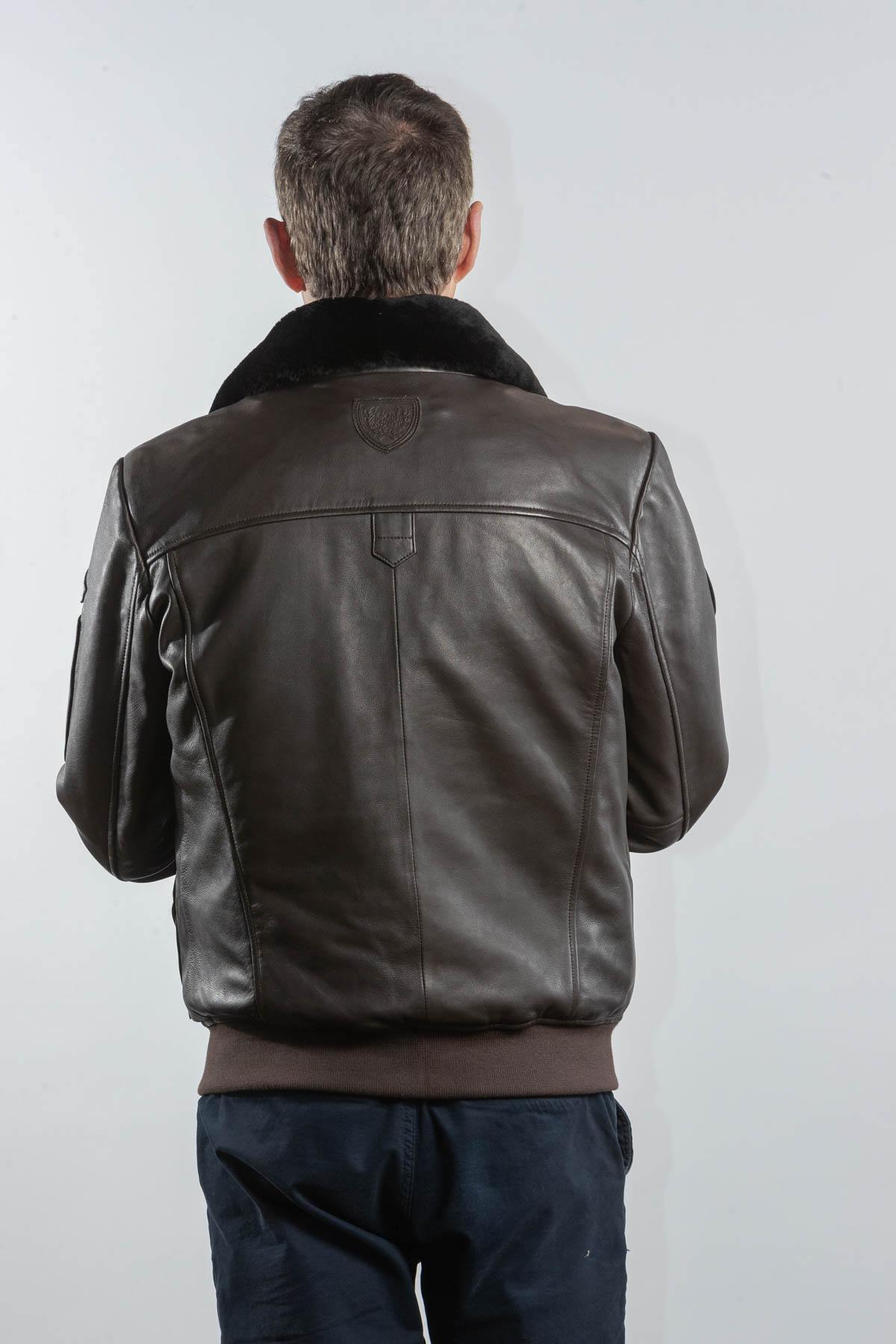 Dark brown leather bomber jacket with Royal Air Force patches - Image n°2