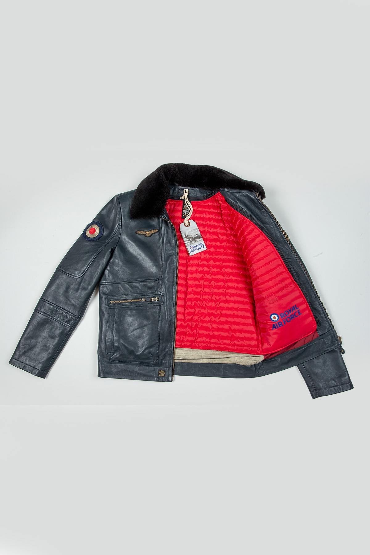 Navy blue leather bomber jacket with Royal Air Force patches - Image n°5