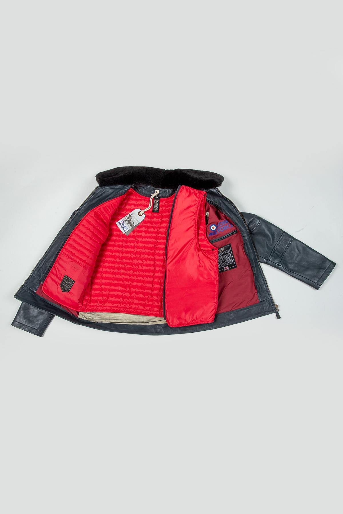 Navy blue leather bomber jacket with Royal Air Force patches - Image n°6