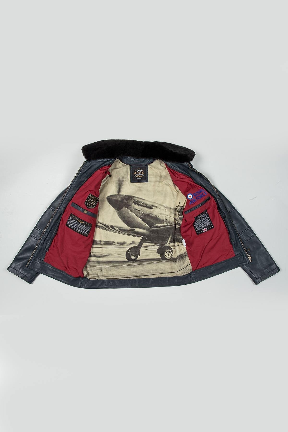 Navy blue leather bomber jacket with Royal Air Force patches - Image n°4