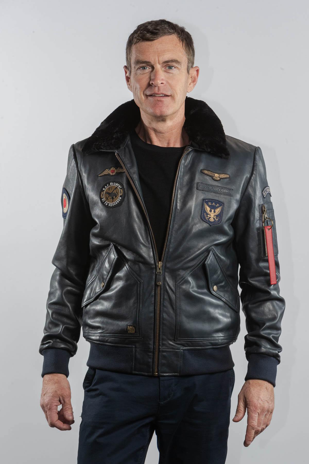 Navy blue leather bomber jacket with Royal Air Force patches - Image n°7