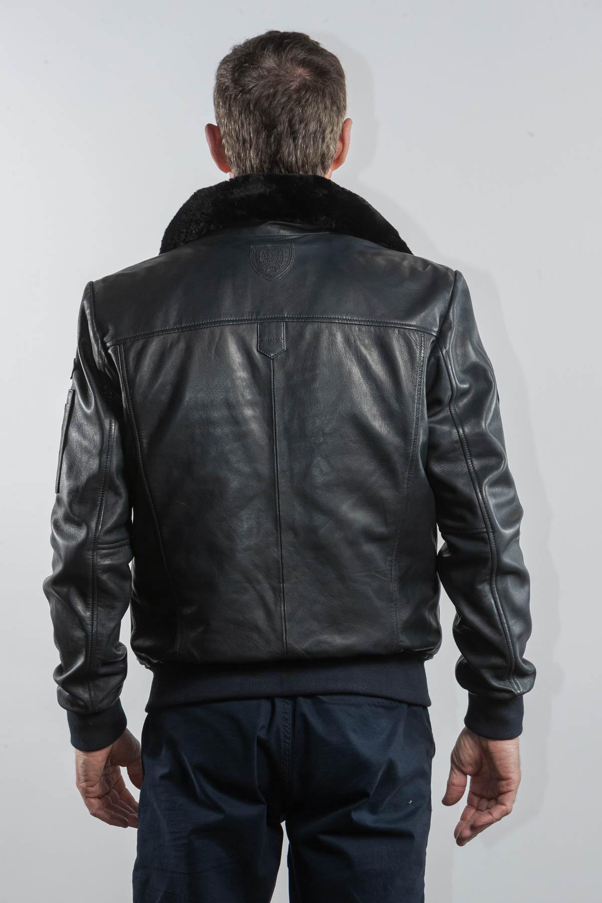 Navy blue leather bomber jacket with Royal Air Force patches - Image n°2