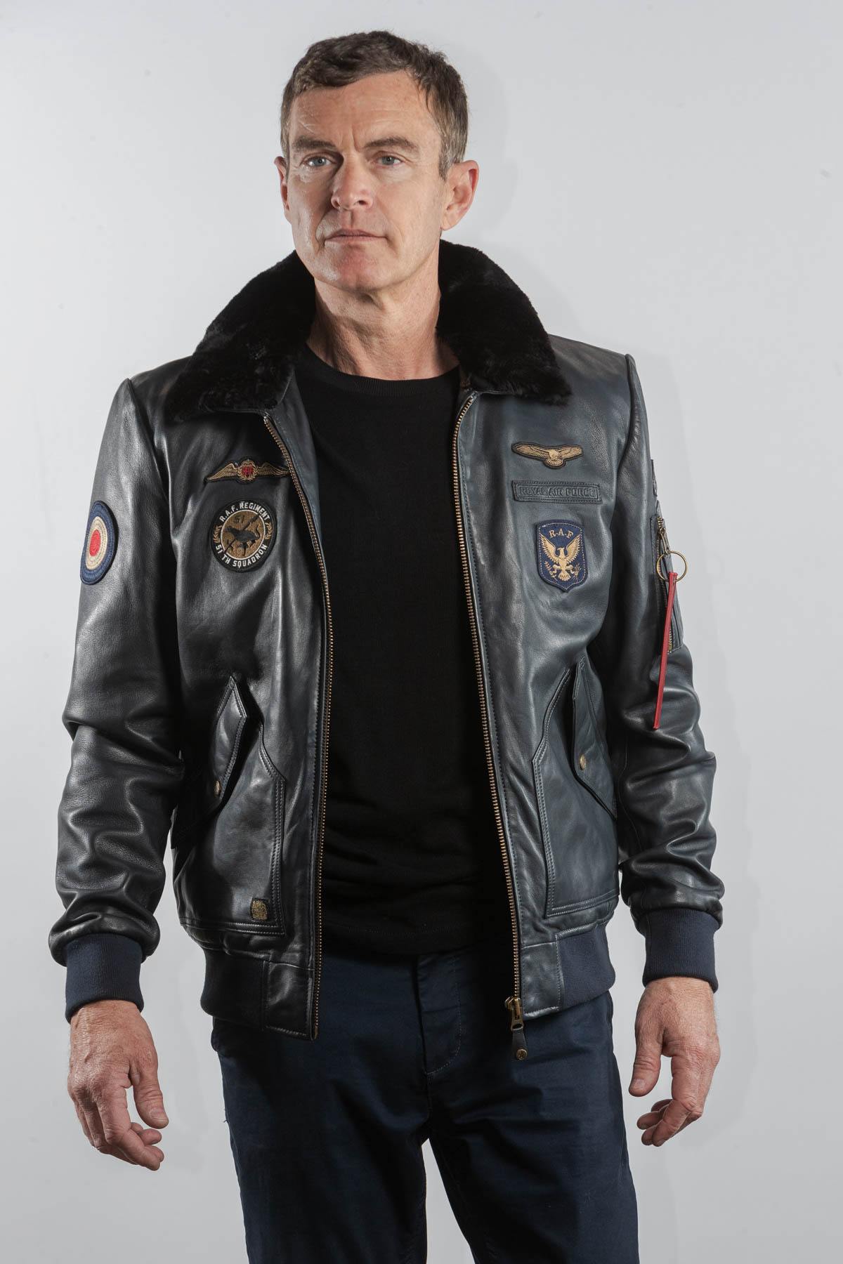 Navy blue leather bomber jacket with Royal Air Force patches - Image n°3