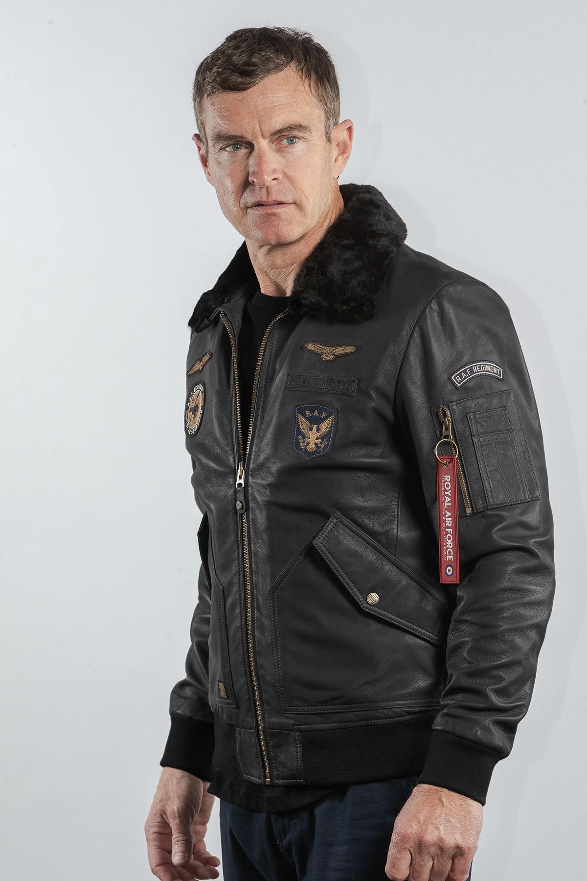Black leather bomber jacket with Royal Air Force patches - Image n°3