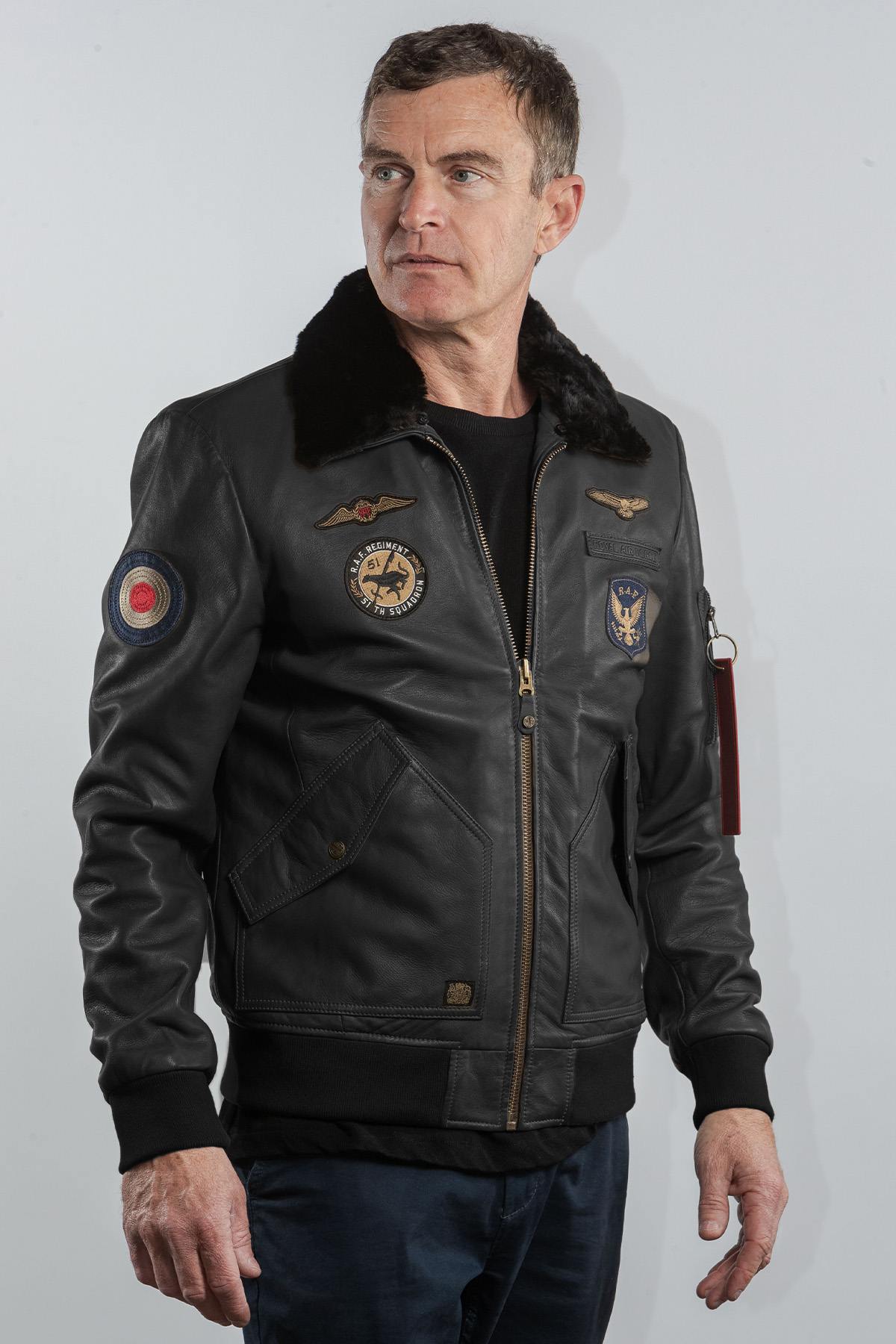 Black leather bomber jacket with Royal Air Force patches - Image n°1
