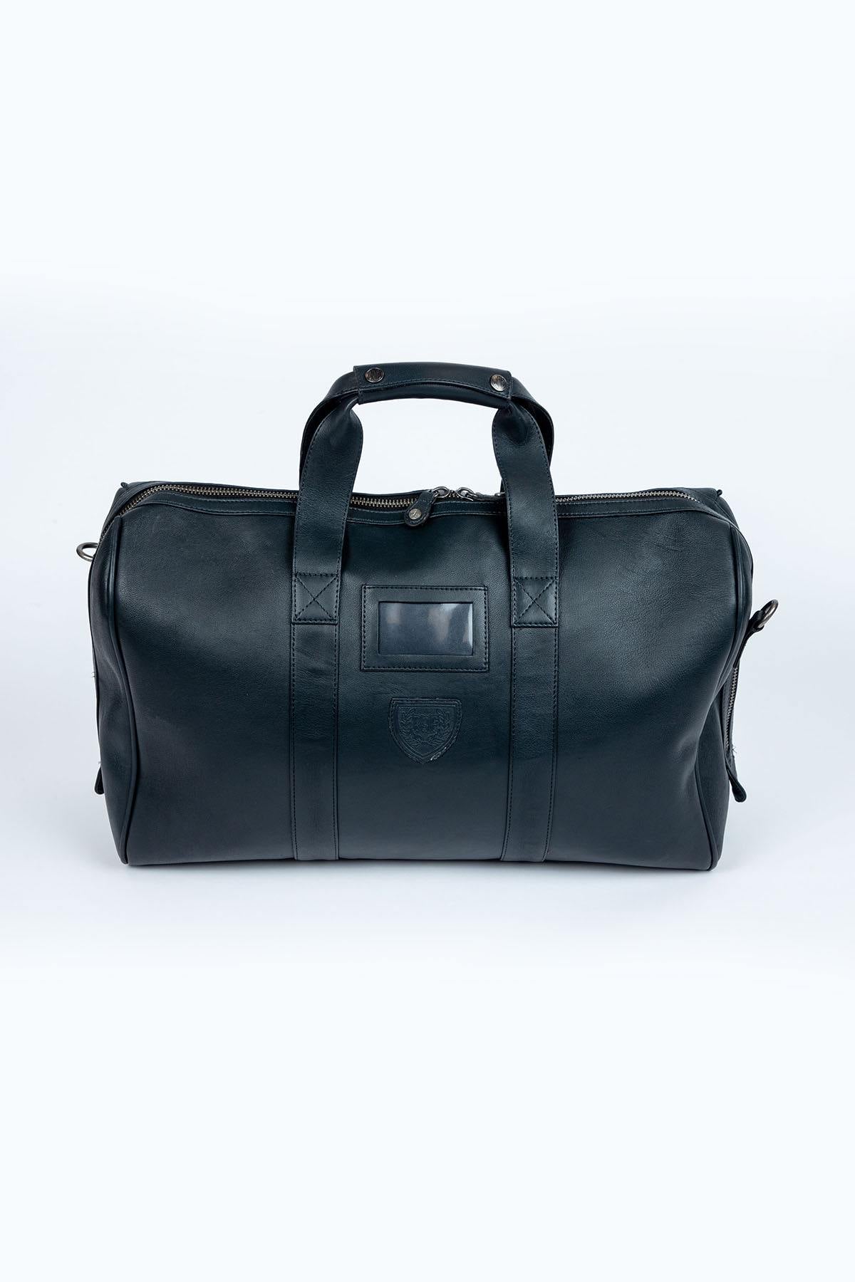 Navy blue leather travel bag with aviation theme - Image n°2