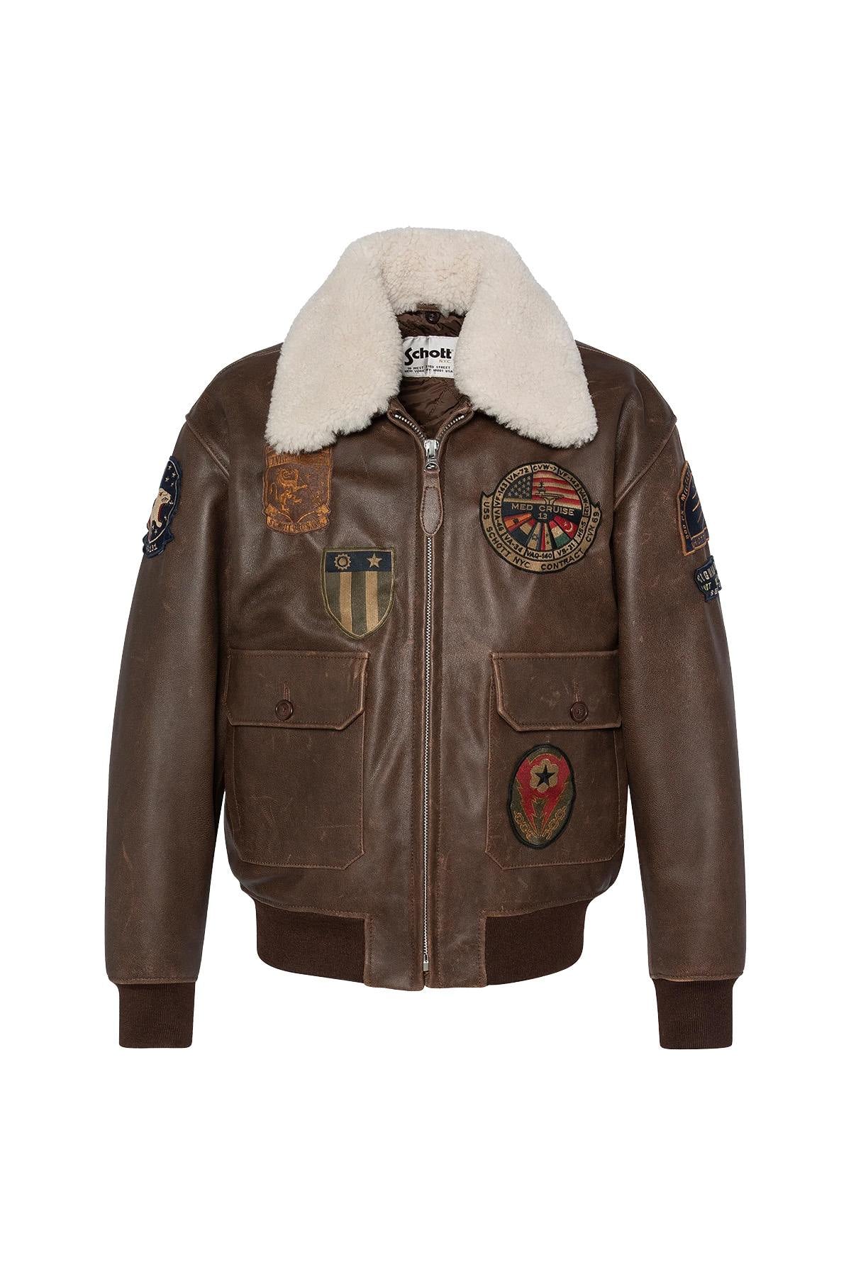 Brown leather bomber jacket with vintage badges - Image n°7
