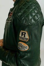 Green leather jacket with textured shoulders and racing badges - Image n°2