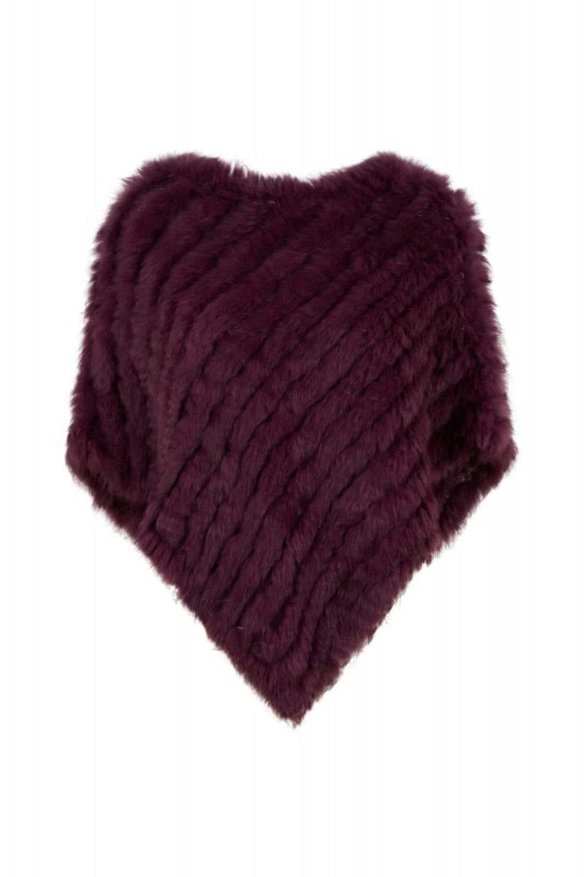 Plum-colored knitted rabbit fur poncho - Image n°1