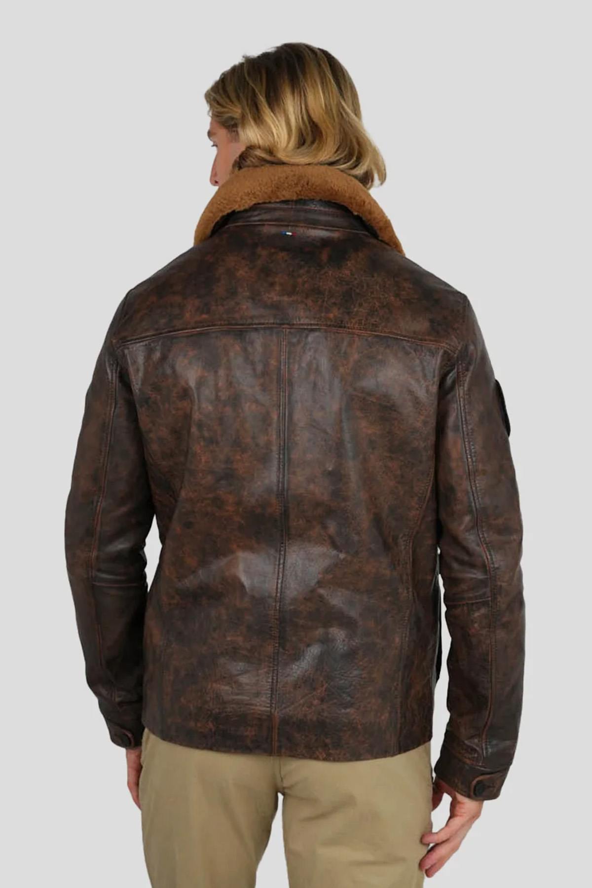 PAF distressed brown leather bomber jacket with shearling collar - Image n°4
