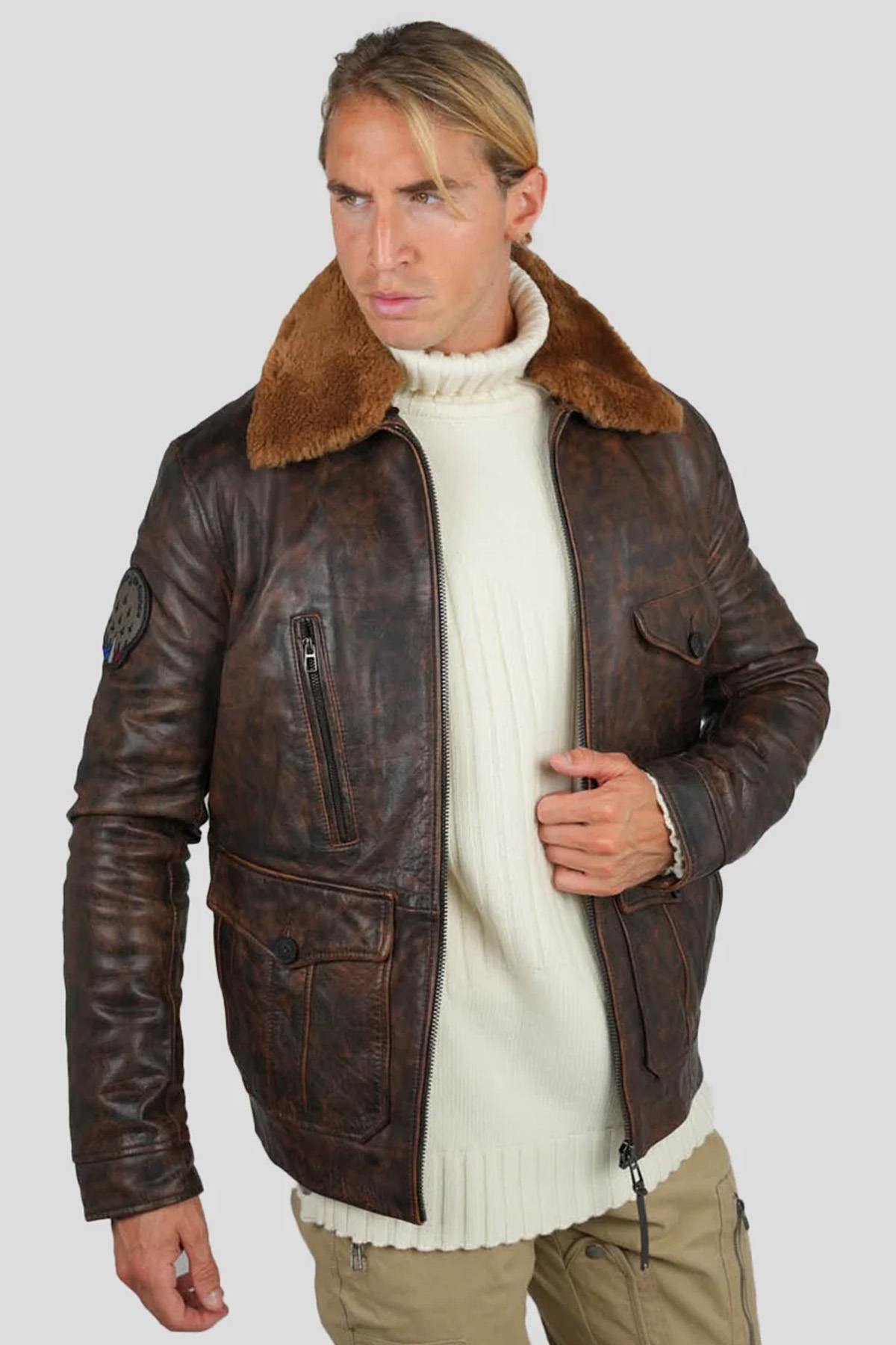 PAF distressed brown leather bomber jacket with shearling collar - Image n°1