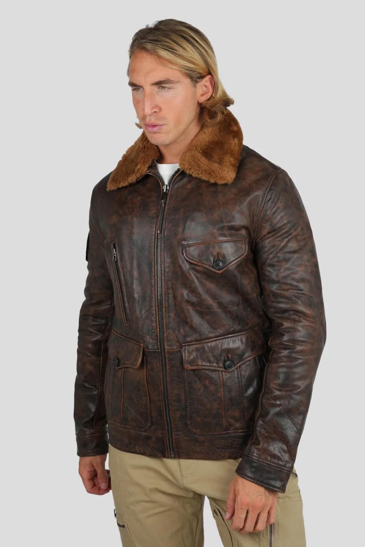 PAF distressed brown leather bomber jacket with shearling collar - Image n°3
