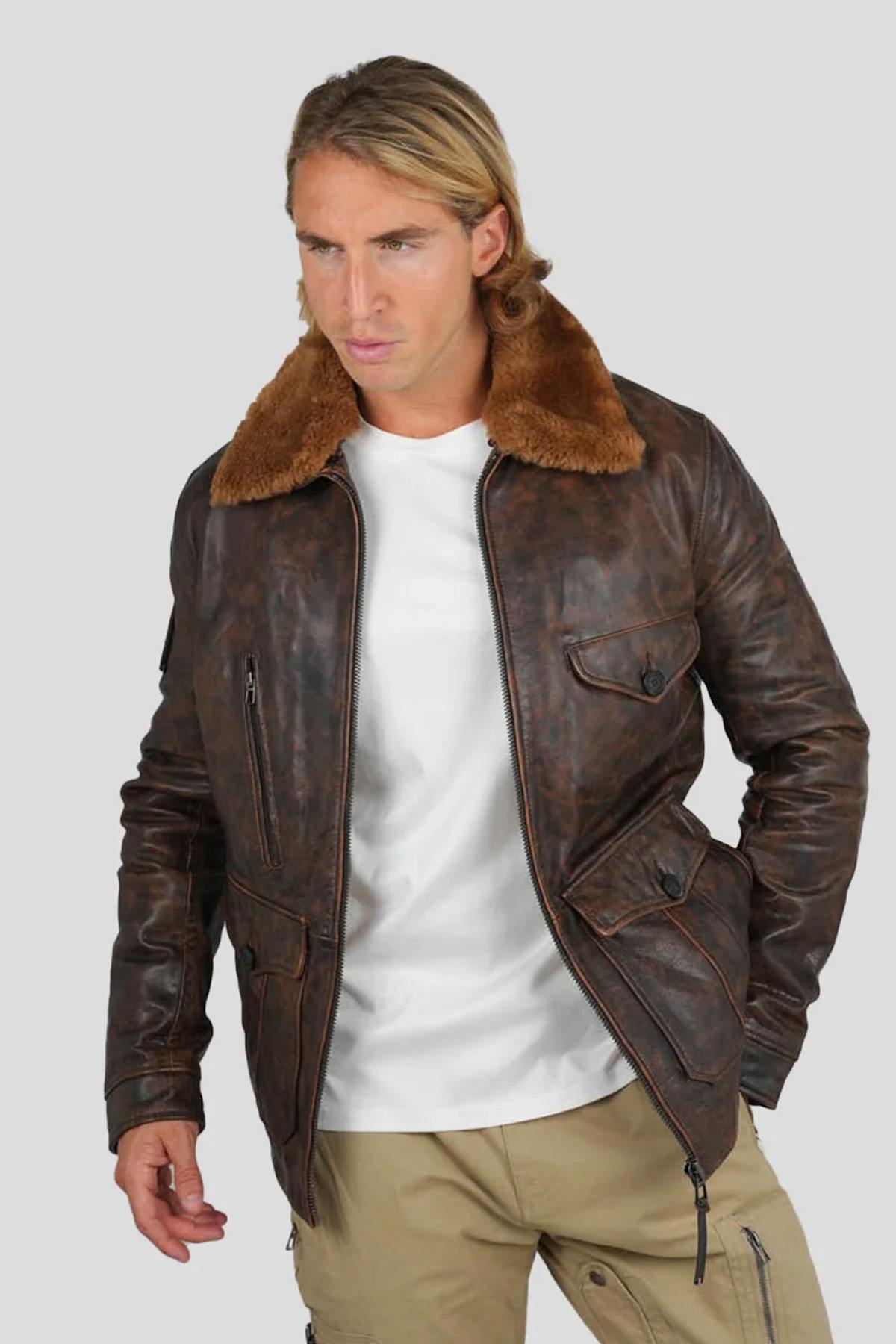 PAF distressed brown leather bomber jacket with shearling collar - Image n°5