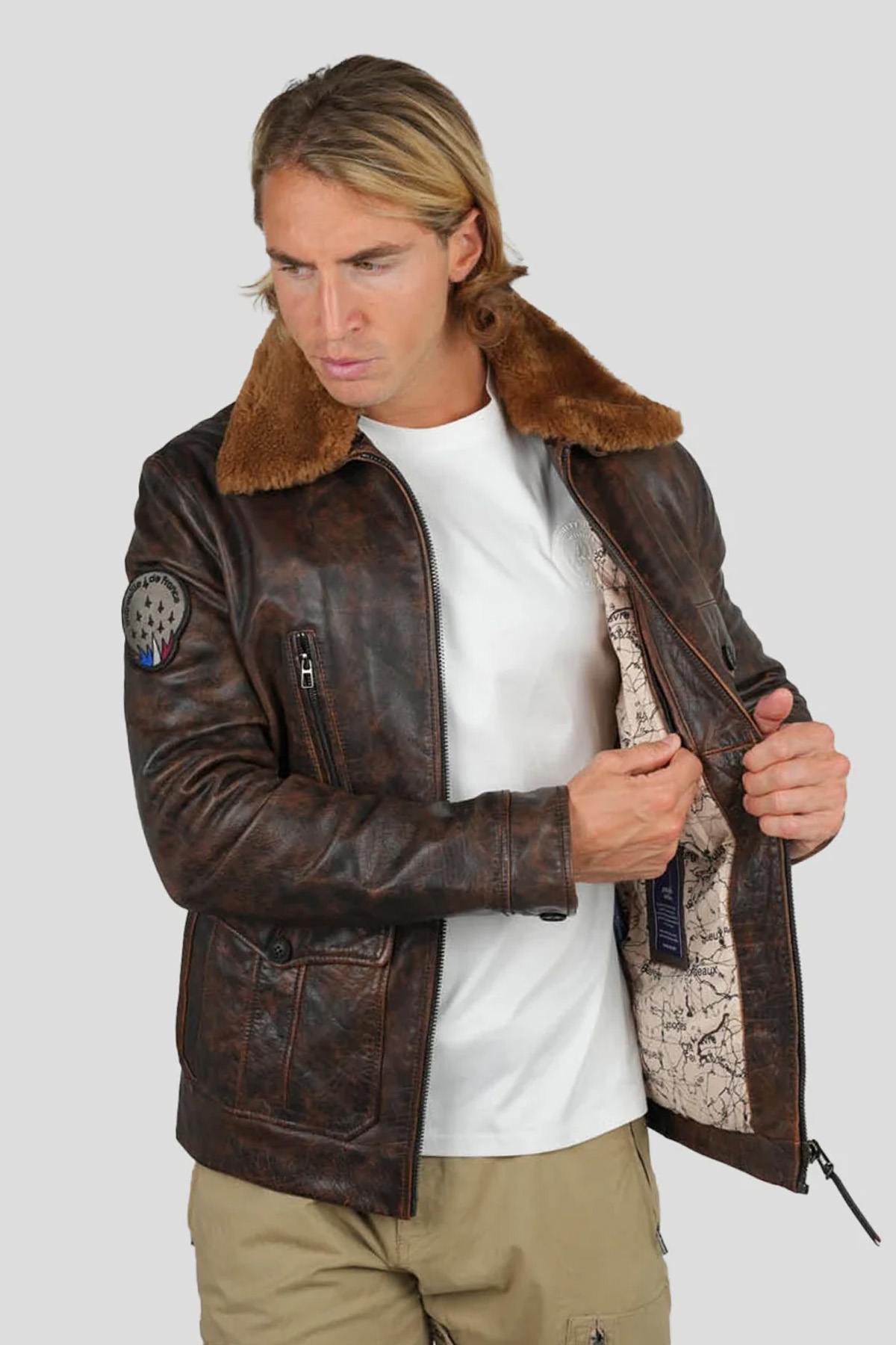 PAF distressed brown leather bomber jacket with shearling collar - Image n°6