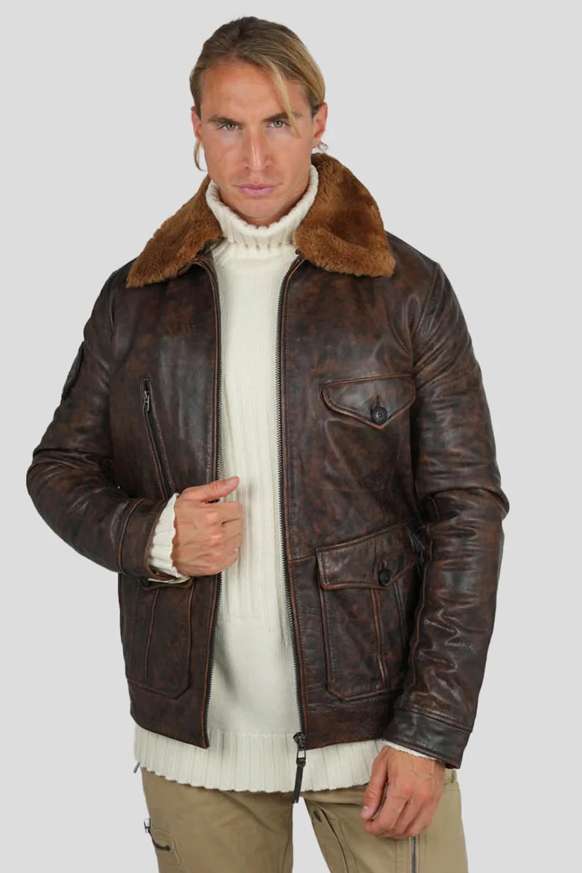 PAF distressed brown leather bomber jacket with shearling collar - Image n°8
