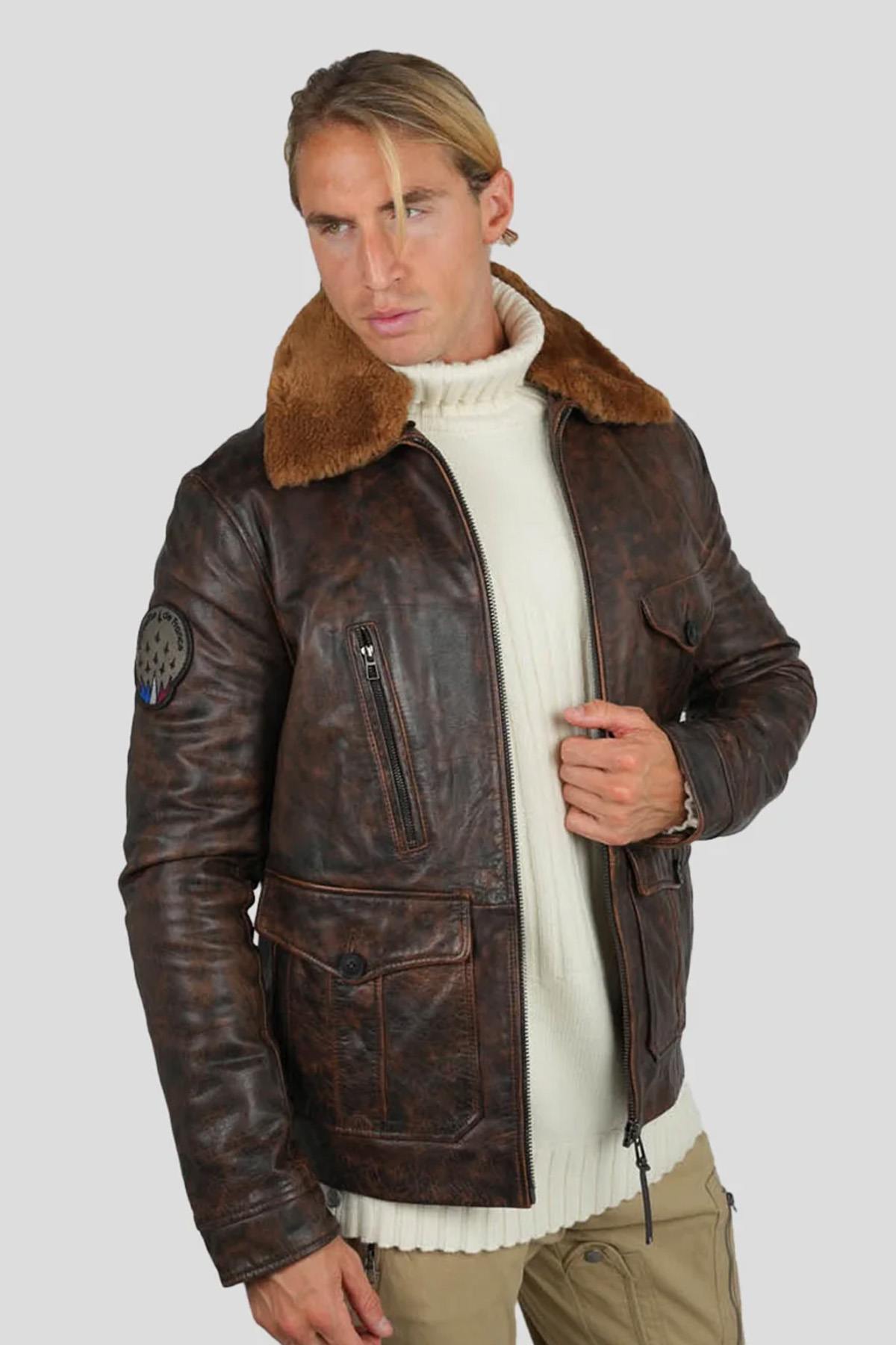 PAF distressed brown leather bomber jacket with shearling collar - Image n°9