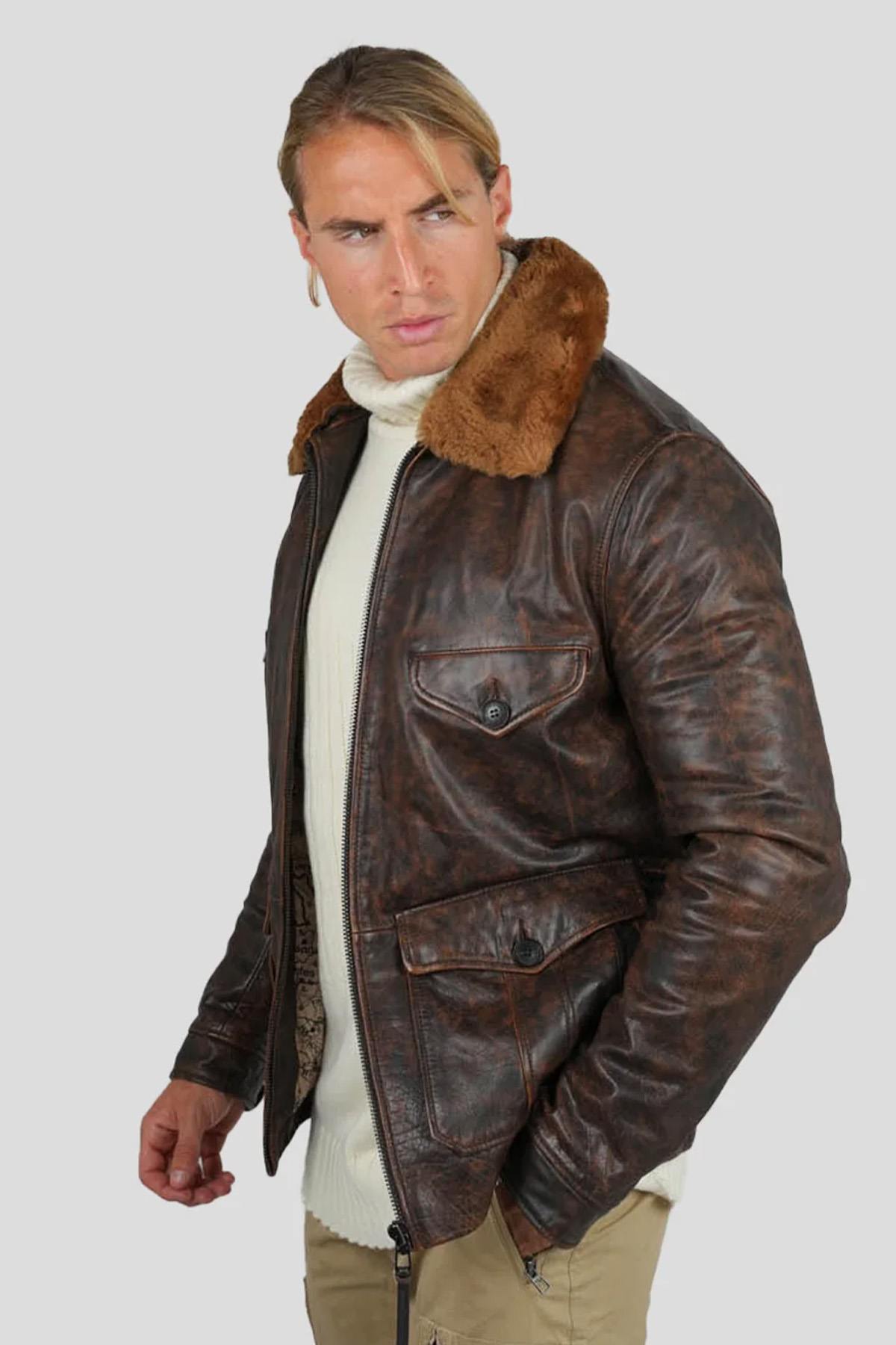 PAF distressed brown leather bomber jacket with shearling collar - Image n°7